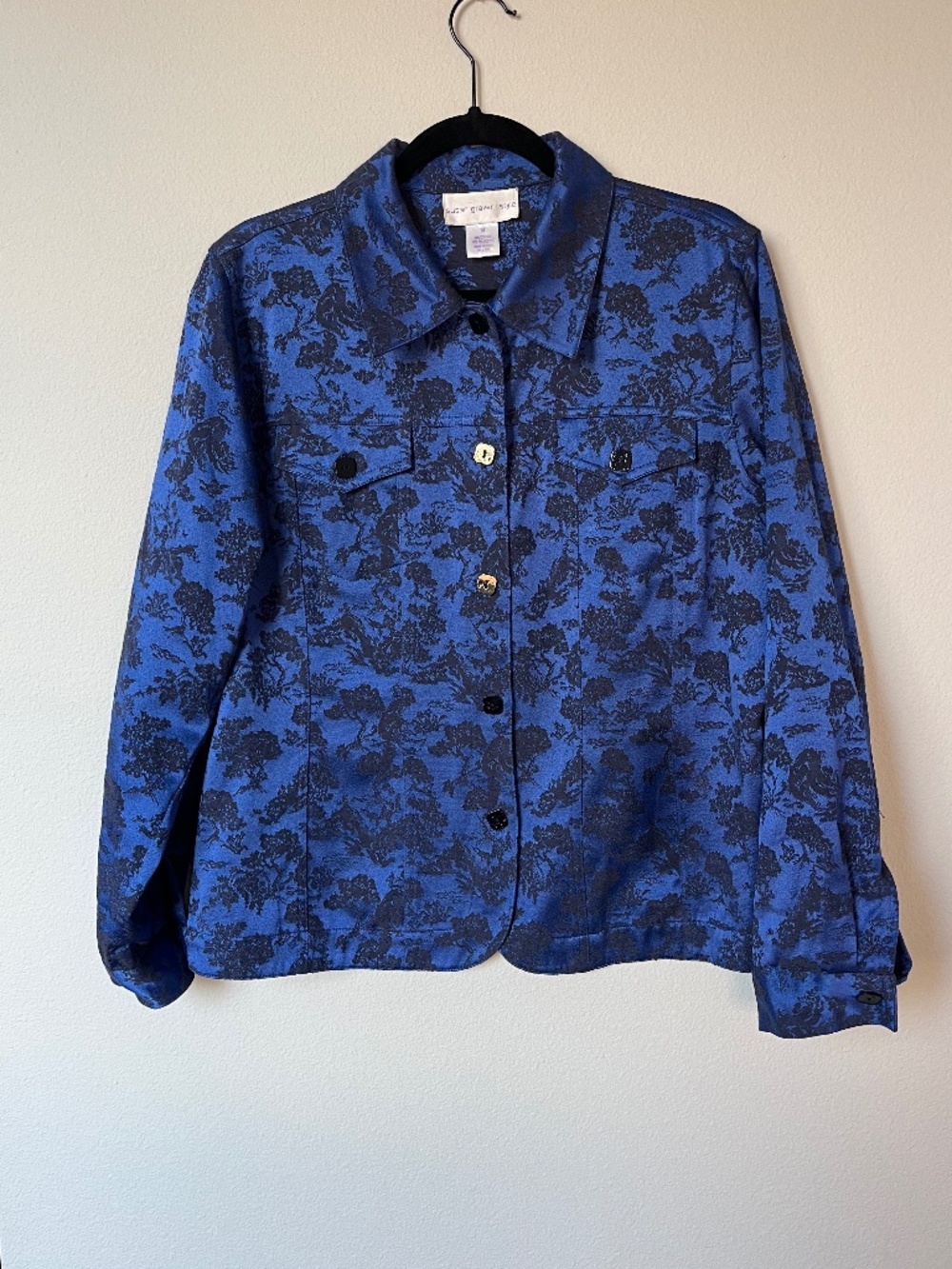 Susan Graver Costal Grandma Blue & black Floral Blazer Woman's Size Medium